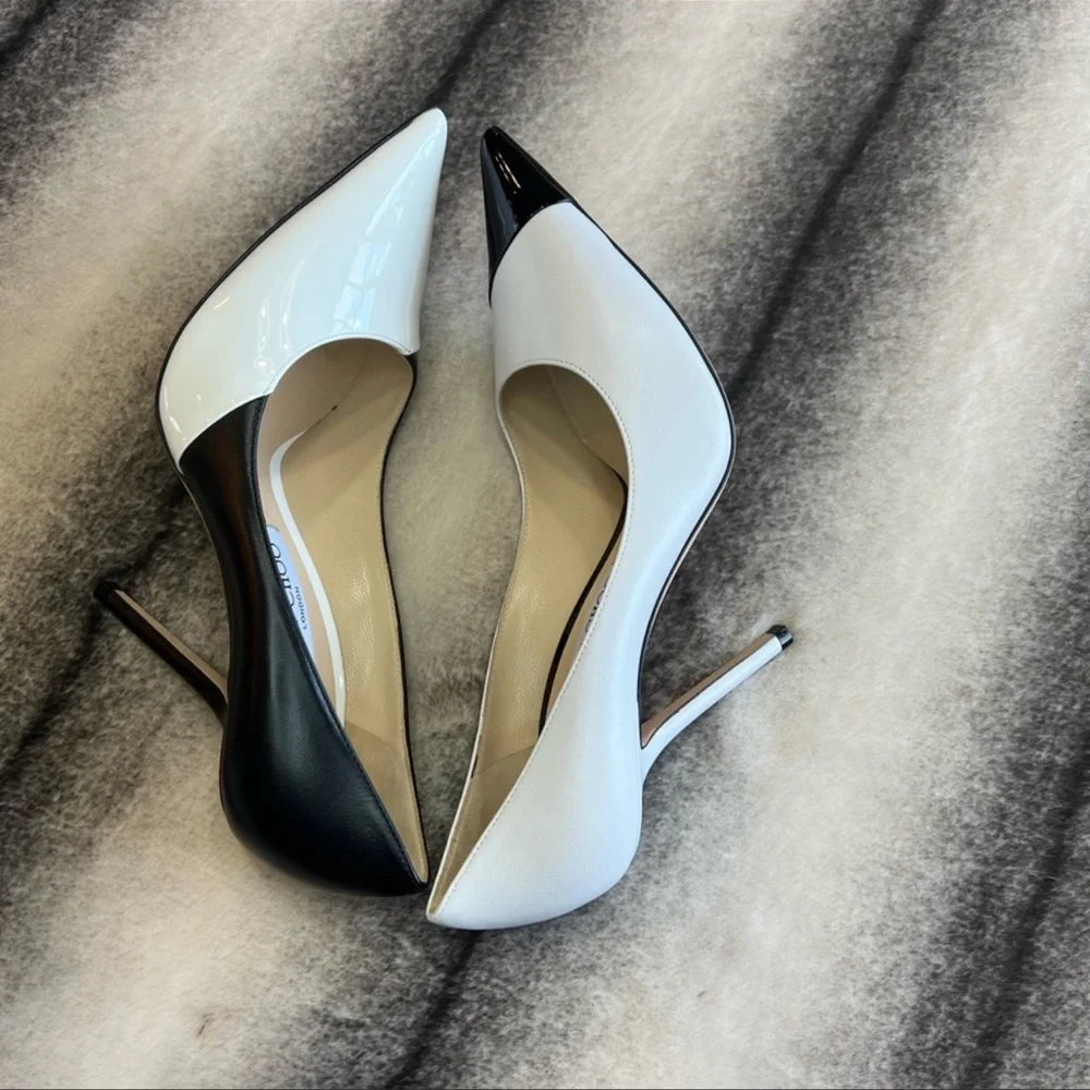 Jimmy Choo Love 100 Black and White Asymmetric Patent Nappa Pumps Heels - Picture 7 of 10